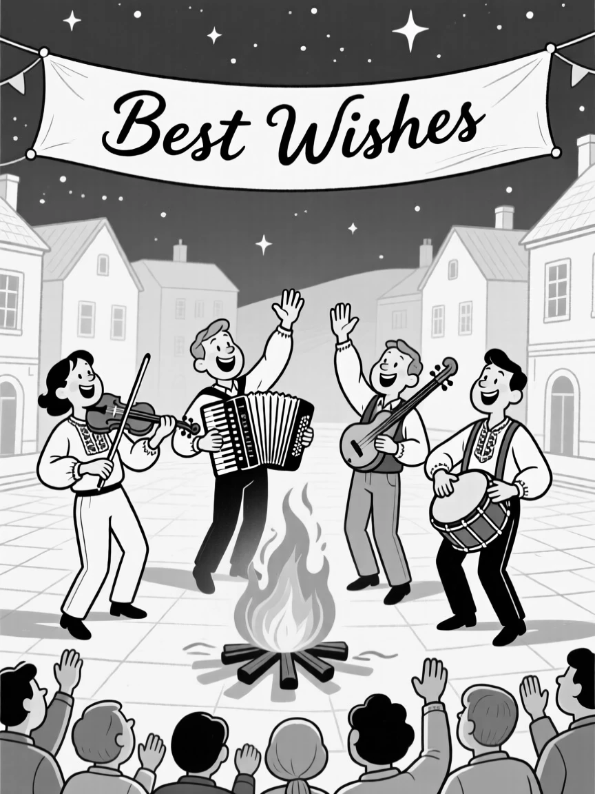 Musicians playing traditional instruments in a town square, waving triumphantly to the cheering crowd below, set around a roaring bonfire under starry skies. A hand-painted banner reads best wishes in flowing script. There's a deep sense of belonging and festivity in the air.