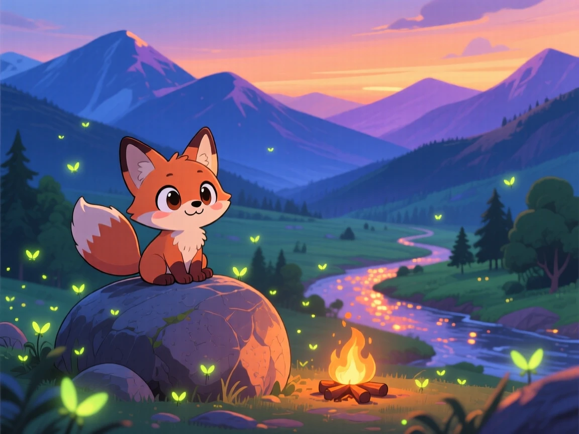 A curious fox sitting atop a boulder overlooking a valley, framed as a wide establishing shot within a sweeping mountain vista, as fireflies begin to glow at dusk, glowing under cozy firelight, evoking eager anticipation.