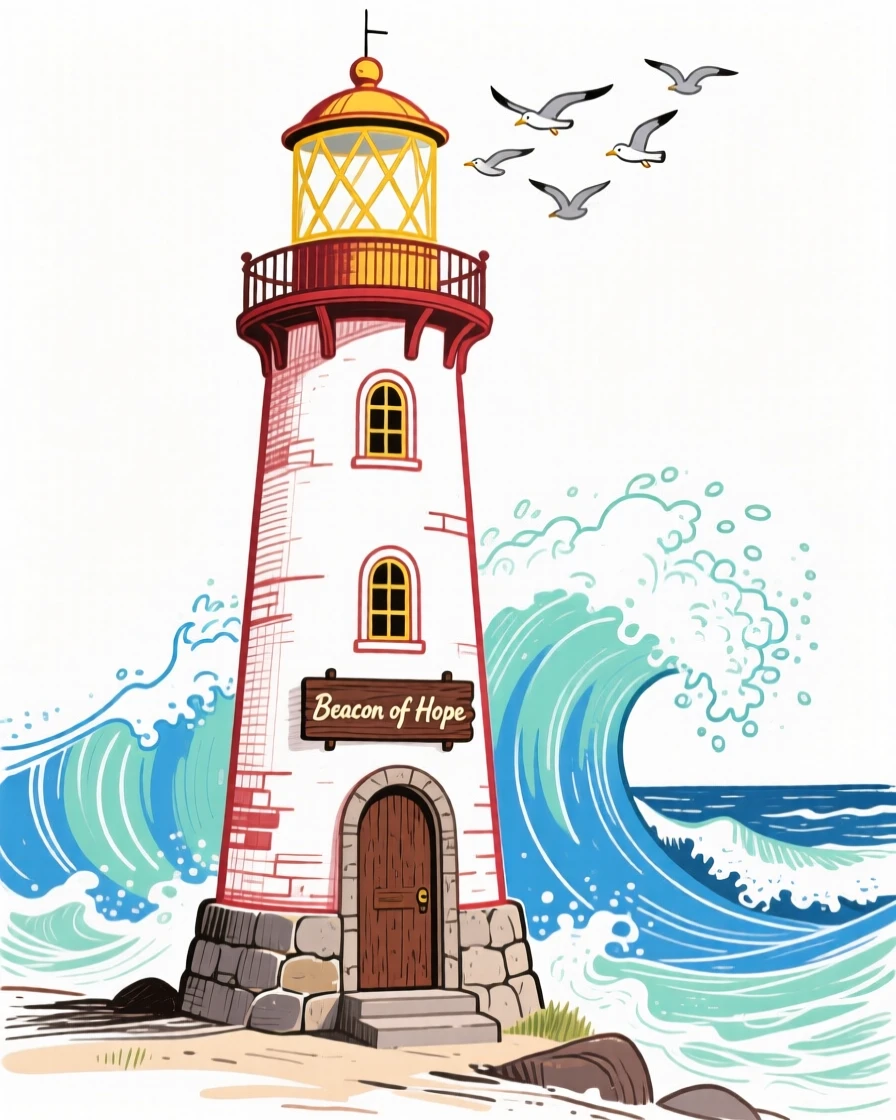 A grand old lighthouse standing against crashing waves.