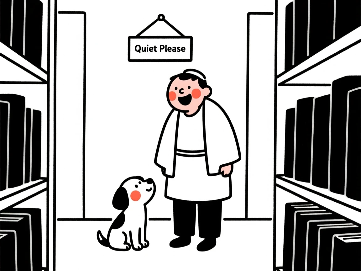 A shepherd with a curious puppy, laughing joyfully, in a quiet library.