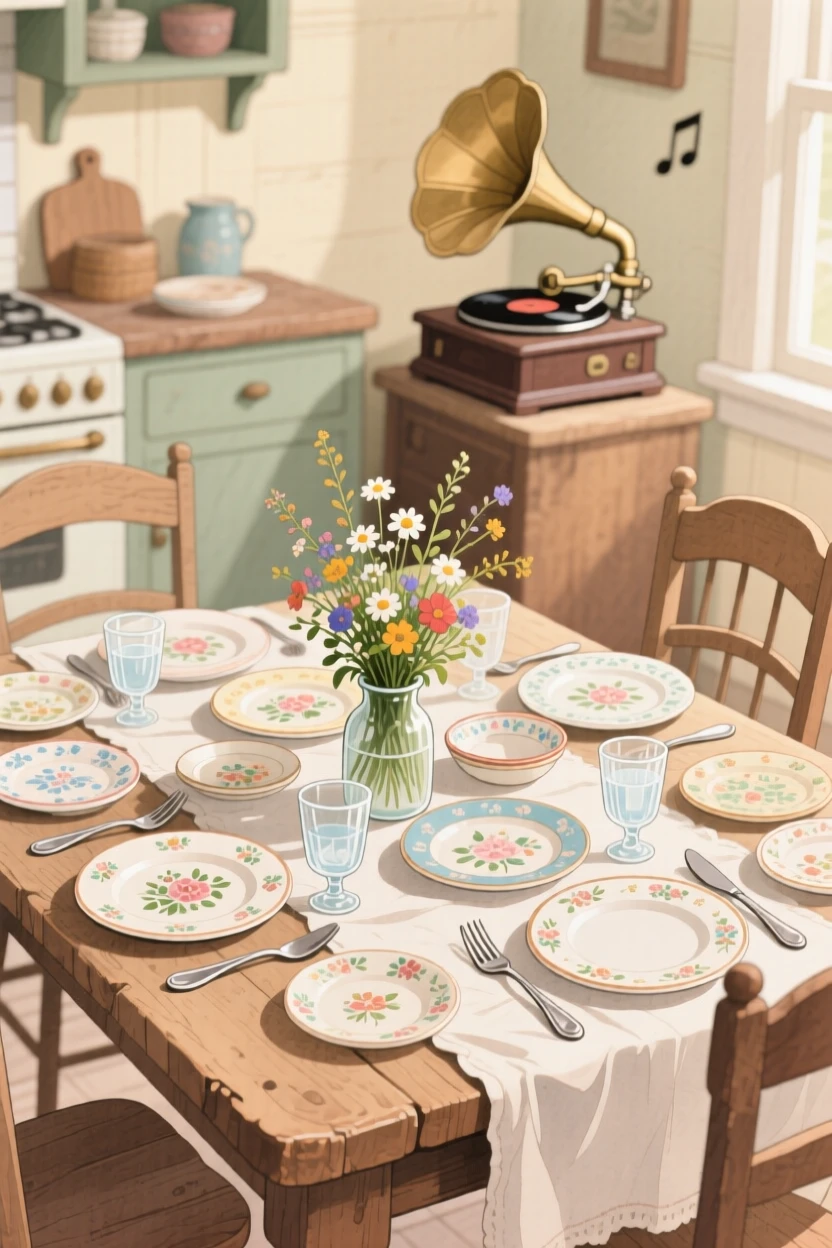 A farmhouse table set for Sunday dinner with mismatched vintage china, with the quiet hum of a record player in the background, evoking a gentle, unhurried happiness.