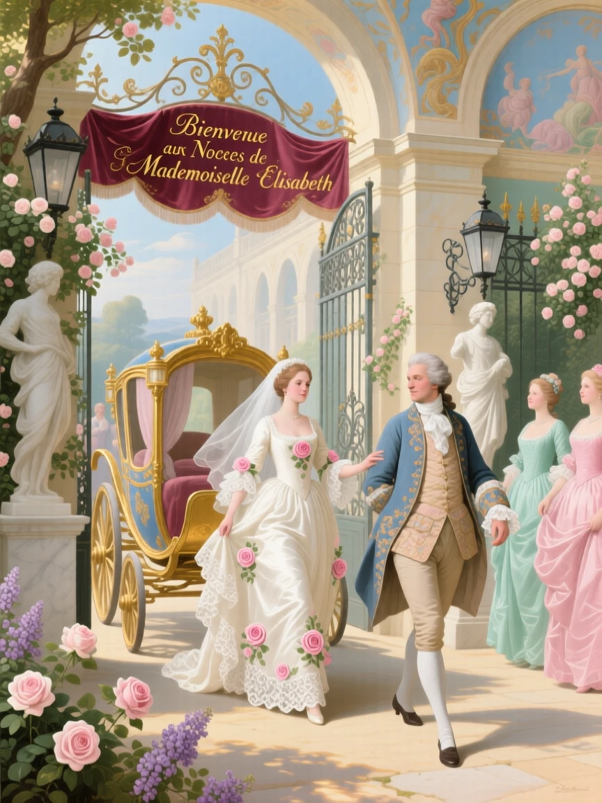 A bride stepping from a carriage into a palace courtyard filled with guests  