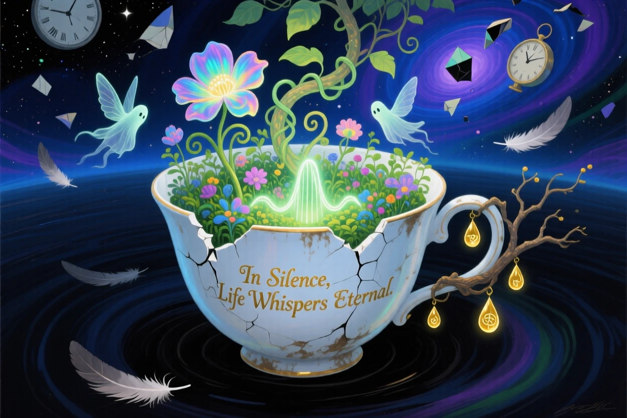 A quiet garden growing inside a forgotten teacup hums quietly with a life entirely its own, as a soft hum of unseen life drifts outward.