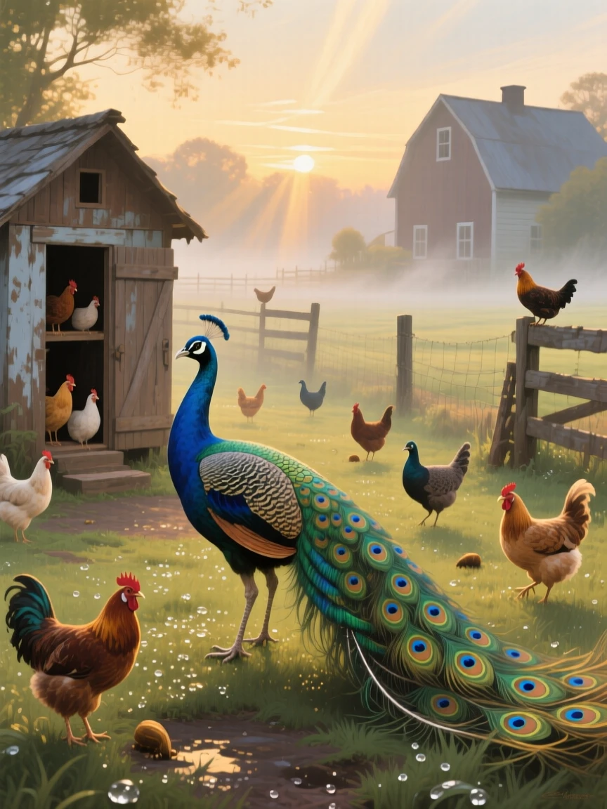 A proud peacock struts across a farmyard at dawn, tail feathers dragging through morning dew as chickens watch from a nearby coop, other members of its group visible nearby, reinforcing the social nature of the scene.