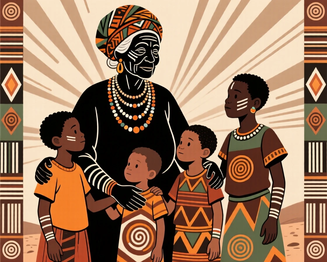 A grandmother and her grandchildren standing united during a time of celebration.