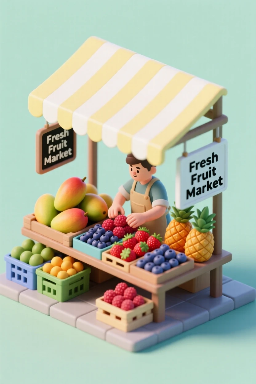 A colorful fruit market stall piled high with mangoes, pineapples, and berries, a vendor arranging produce beneath a striped awning.