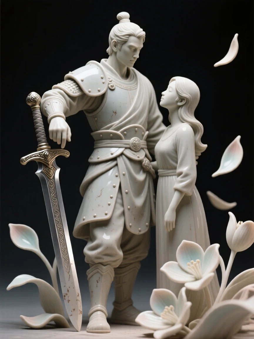A warrior resting his hand on a sheathed sword leaning gently toward a loved one, surrounded by softly falling petals, filling the scene with joy and gentle wonder.