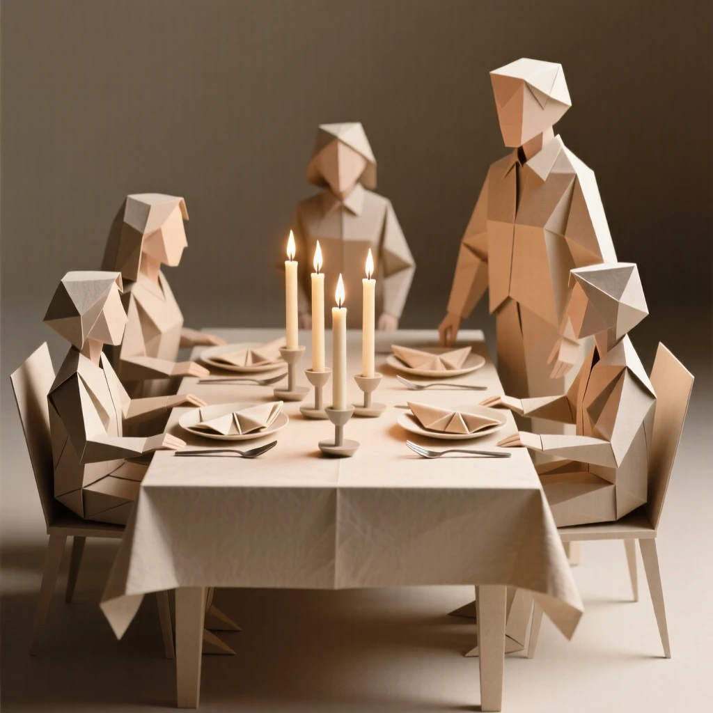A family setting the table together for a holiday dinner, candles freshly lit.
