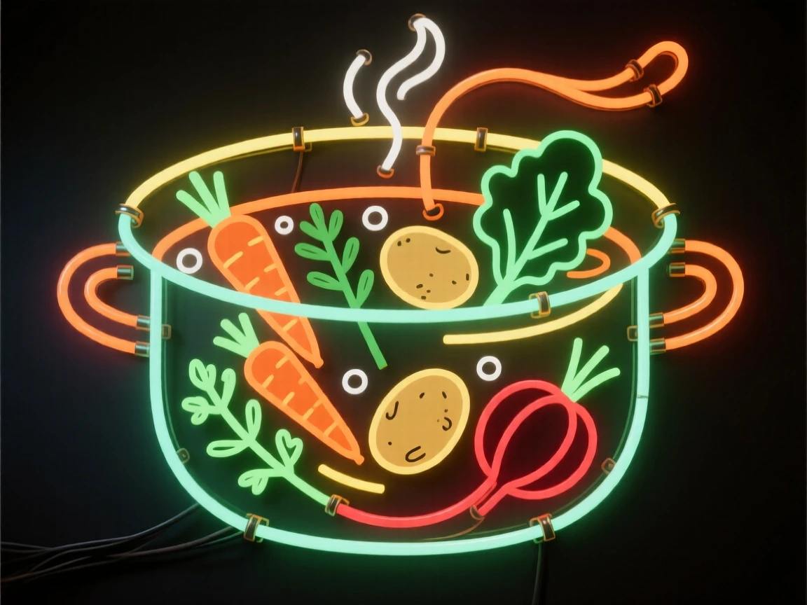 A pot of simmering stew filled with hearty vegetables and herbs.