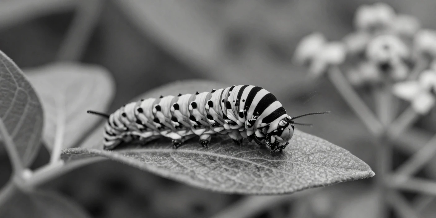 A swallowtail caterpillar munches on a milkweed leaf in a quiet garden bed.