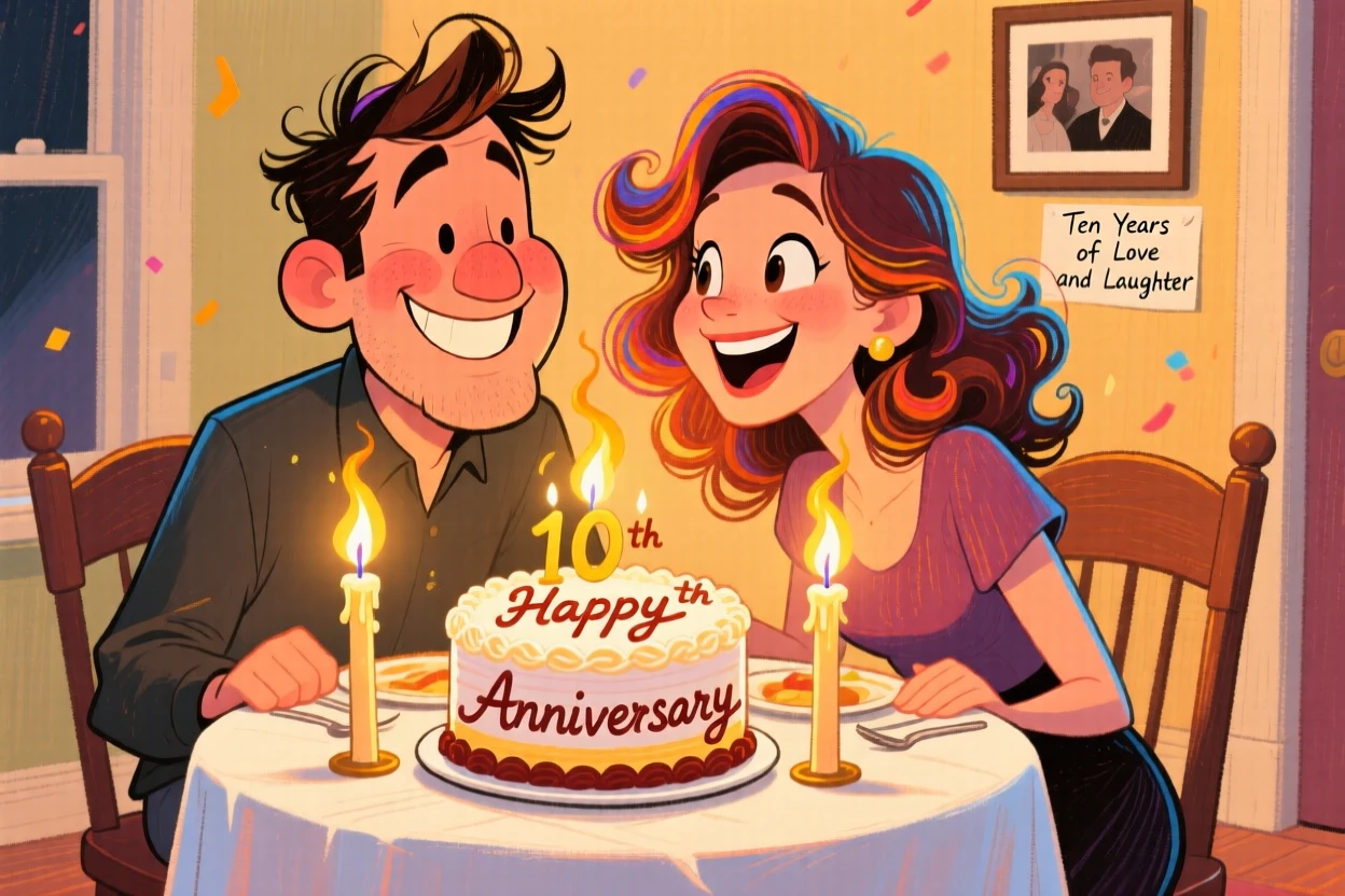 A couple celebrating their tenth anniversary with a candlelit dinner at home.