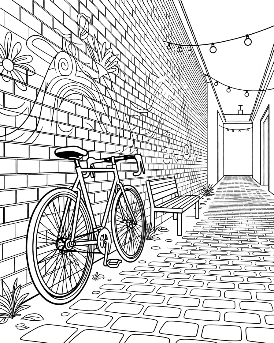 A bicycle leaning against a mural-covered alley wall, with cobblestone streets stretching into the distance.