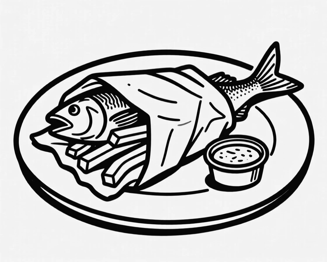 A plate of fish and chips wrapped in paper with a side of tartar sauce.