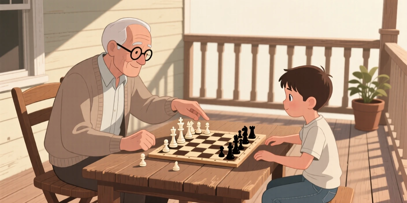 A grandfather teaching his grandson how to play chess on a porch.