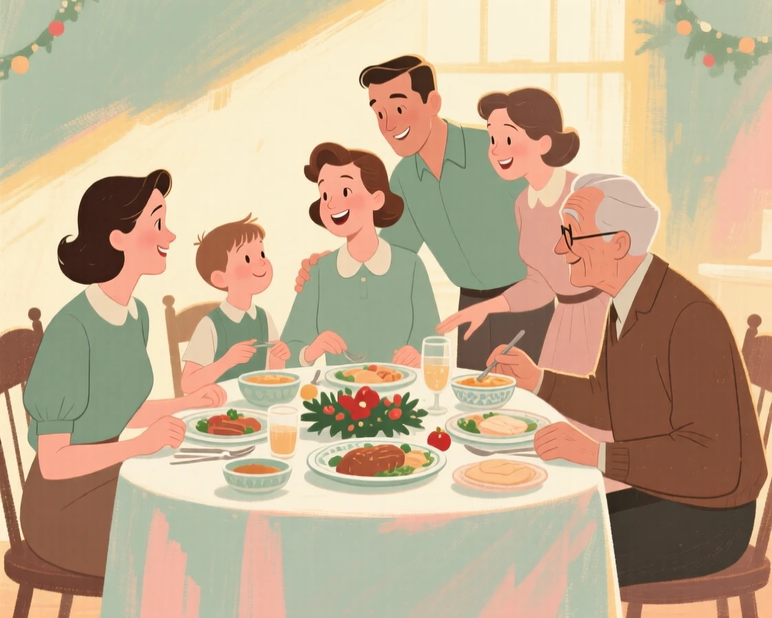 A family gathered around a table for a festive holiday meal
