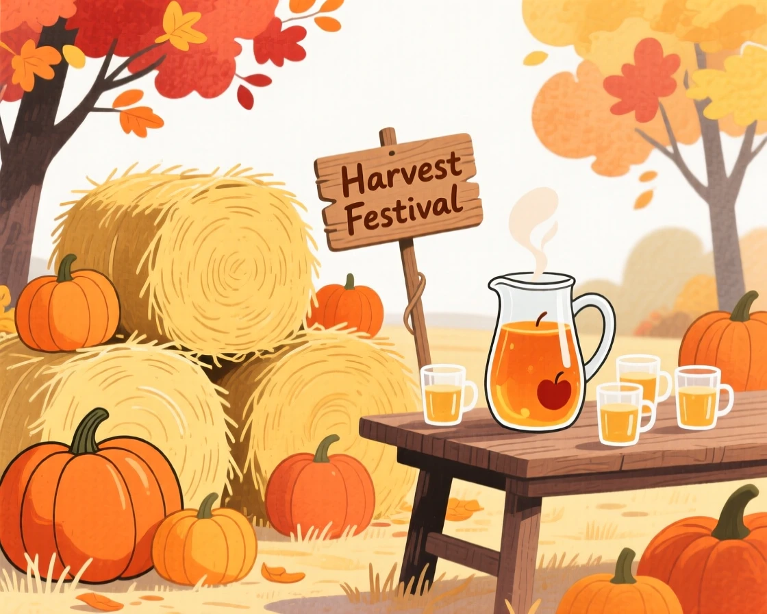 A heartwarming holiday moment: a harvest festival with hay bales, pumpkins, and apple cider.