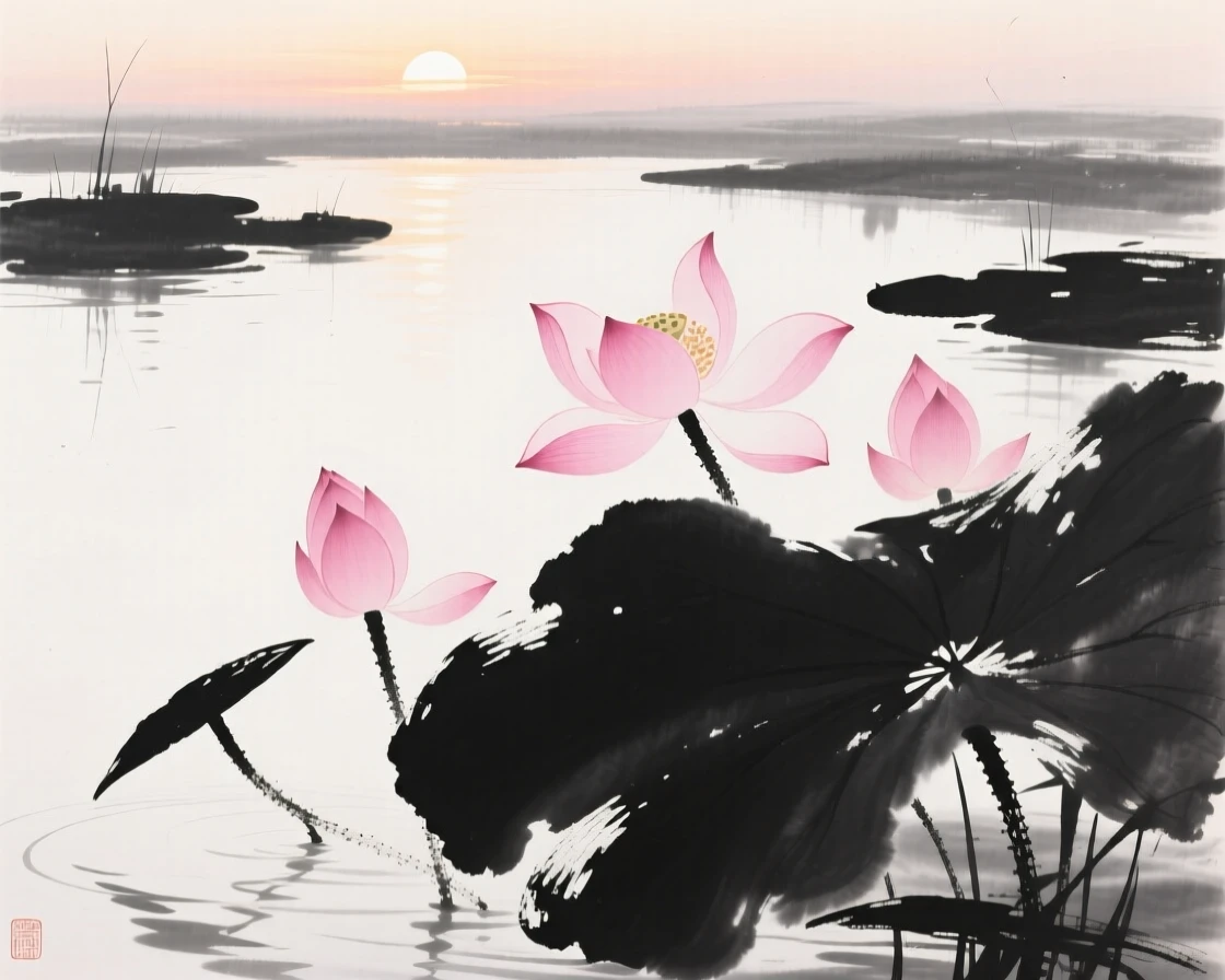 Pink lotus blossoms open across a still pond at dawn, beneath the first light of a summer morning.