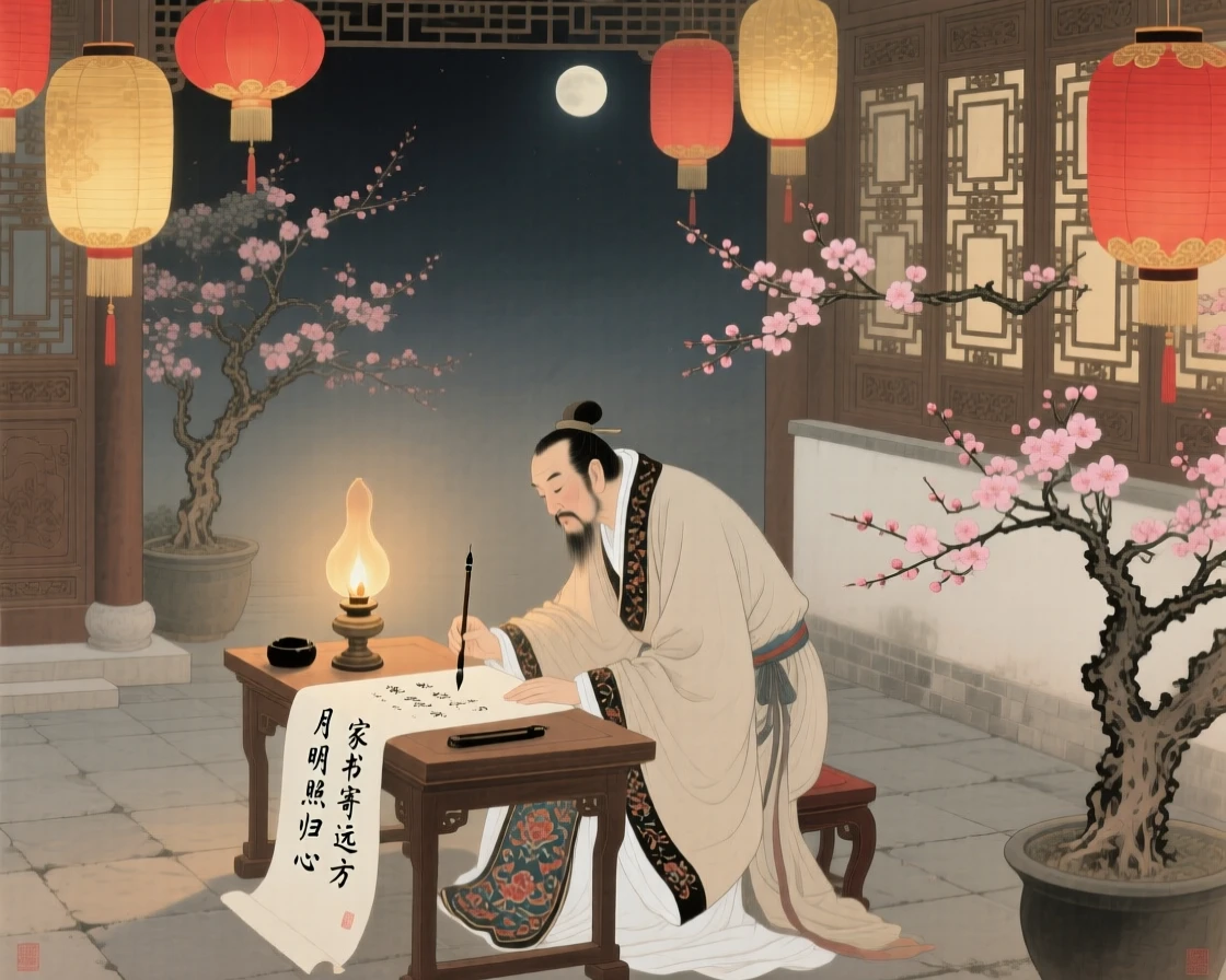 A traveling storyteller writing a letter home by lamplight in a courtyard filled with lantern light