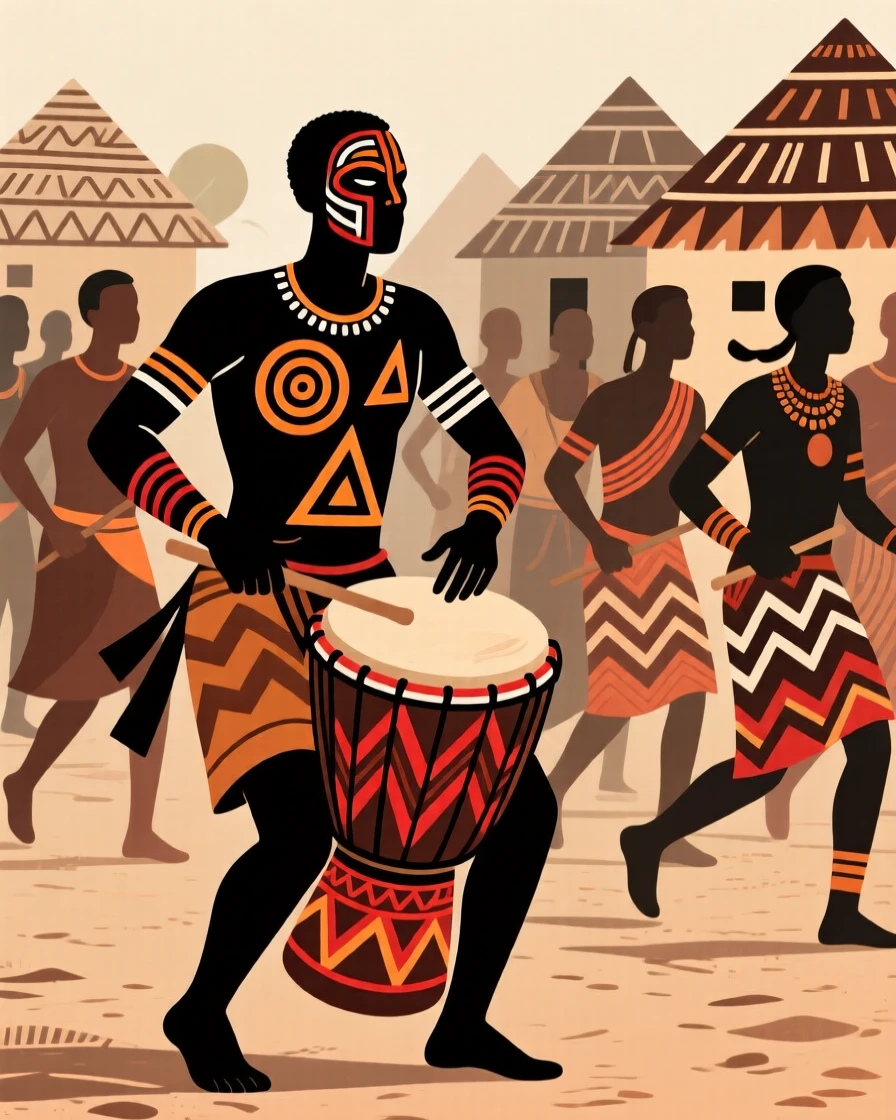 A drummer leading a procession through a village.