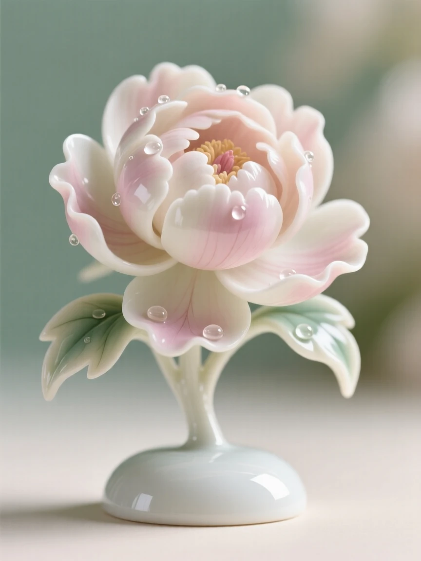 A single peony caught mid-bloom against a soft blurred background, dew drops resting delicately on its surface.