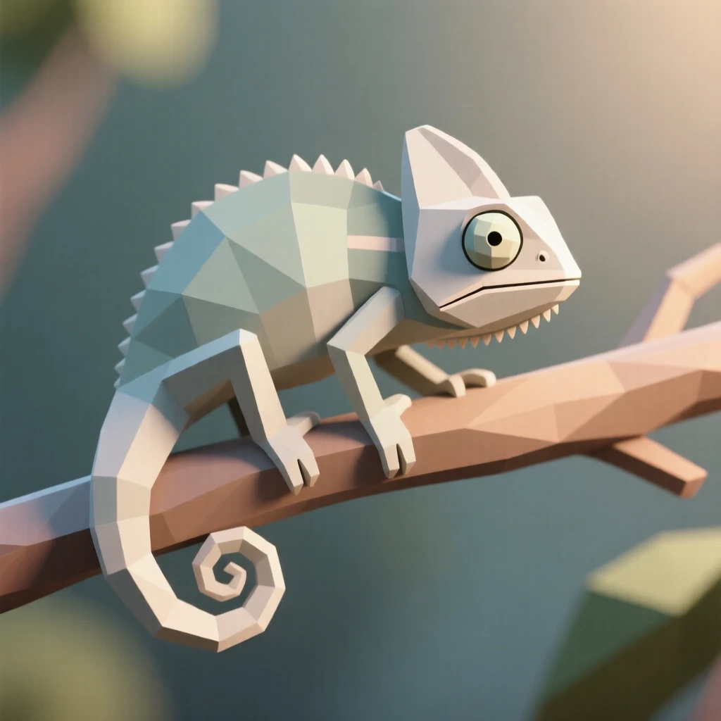 A chameleon perfectly camouflaged on a branch, in the soft light of late afternoon. the composition centers the subject with a shallow depth of field. The mood is tender and intimate.