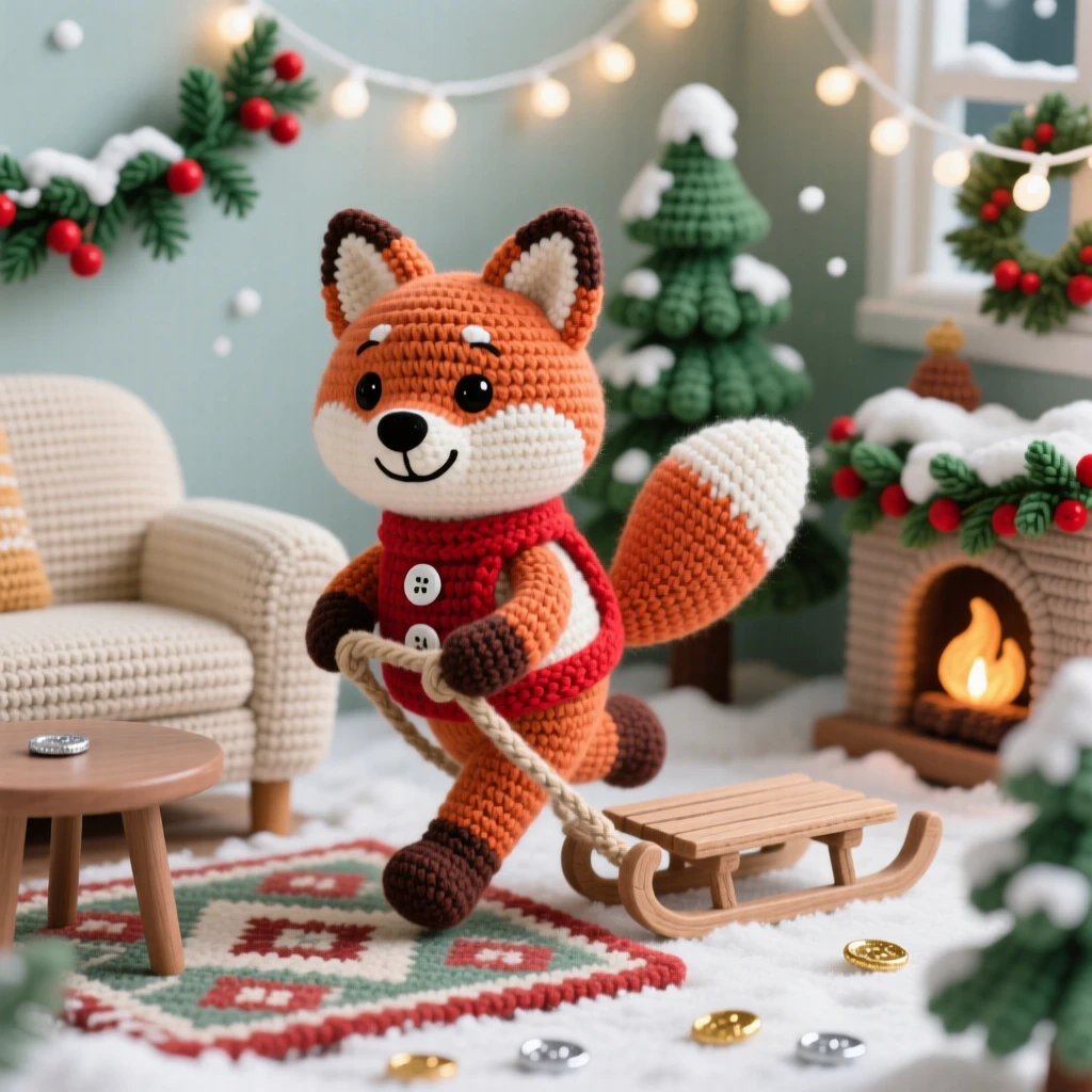 A festive scene of a cheerful winter fox pulling a sled with a red harness, trotting through a snowy pine forest within a cozy living room decorated for the holidays; a trail of glittering confetti nearby, radiating quiet, comforting seasonal tradition.