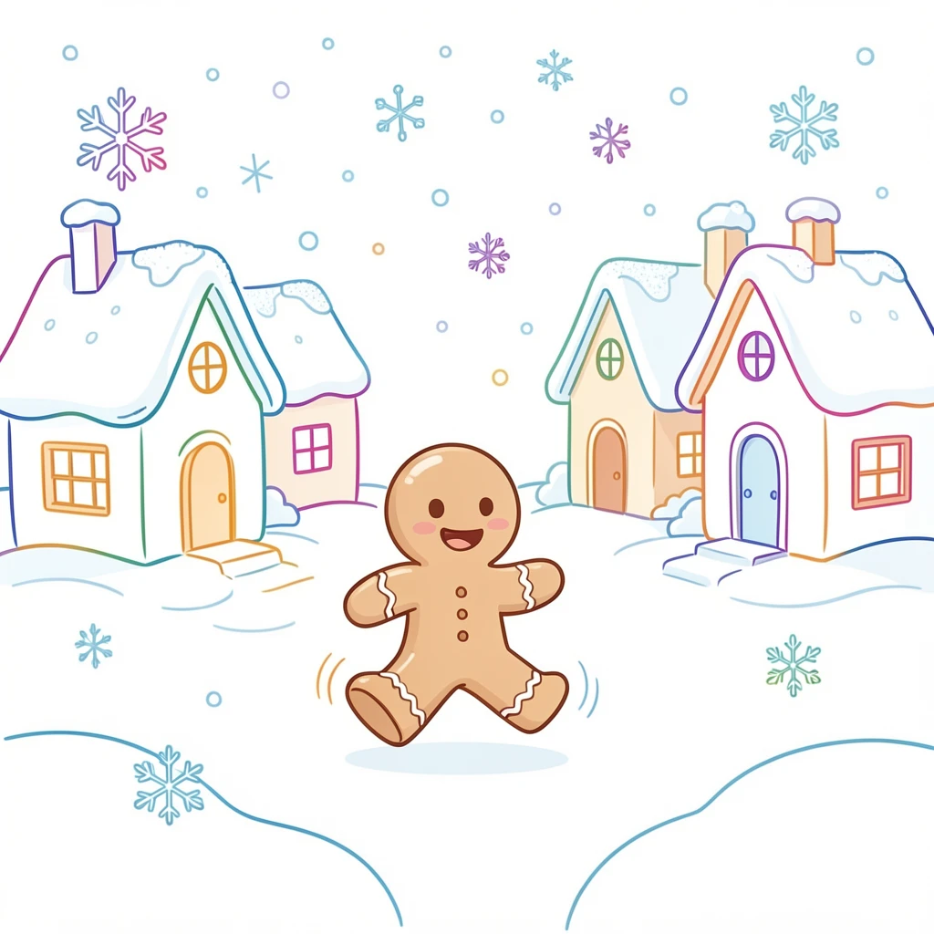 A tiny gingerbread character running through a snowy sugar-dusted village.