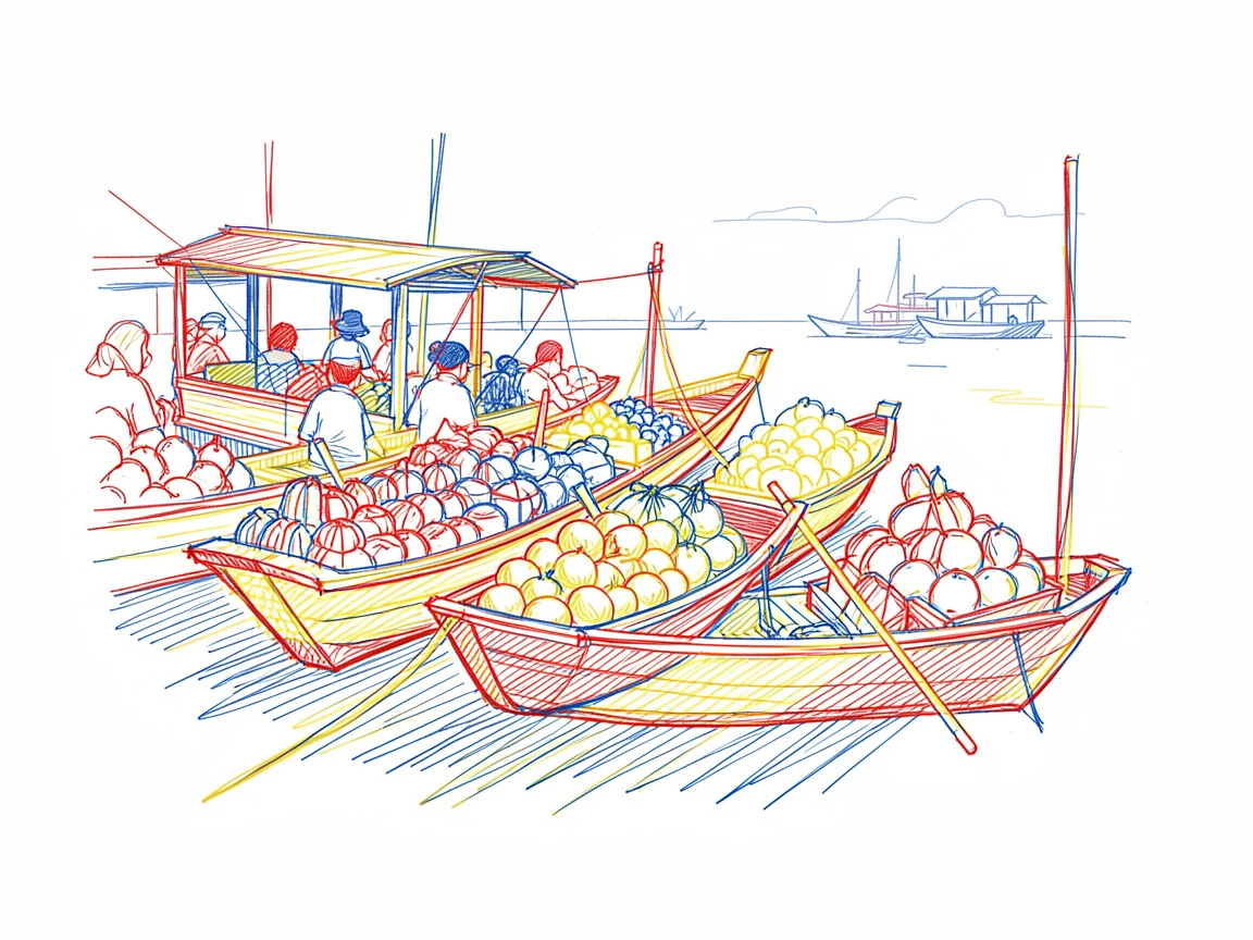 A vibrant floating market with wooden boats piled high with fruit
