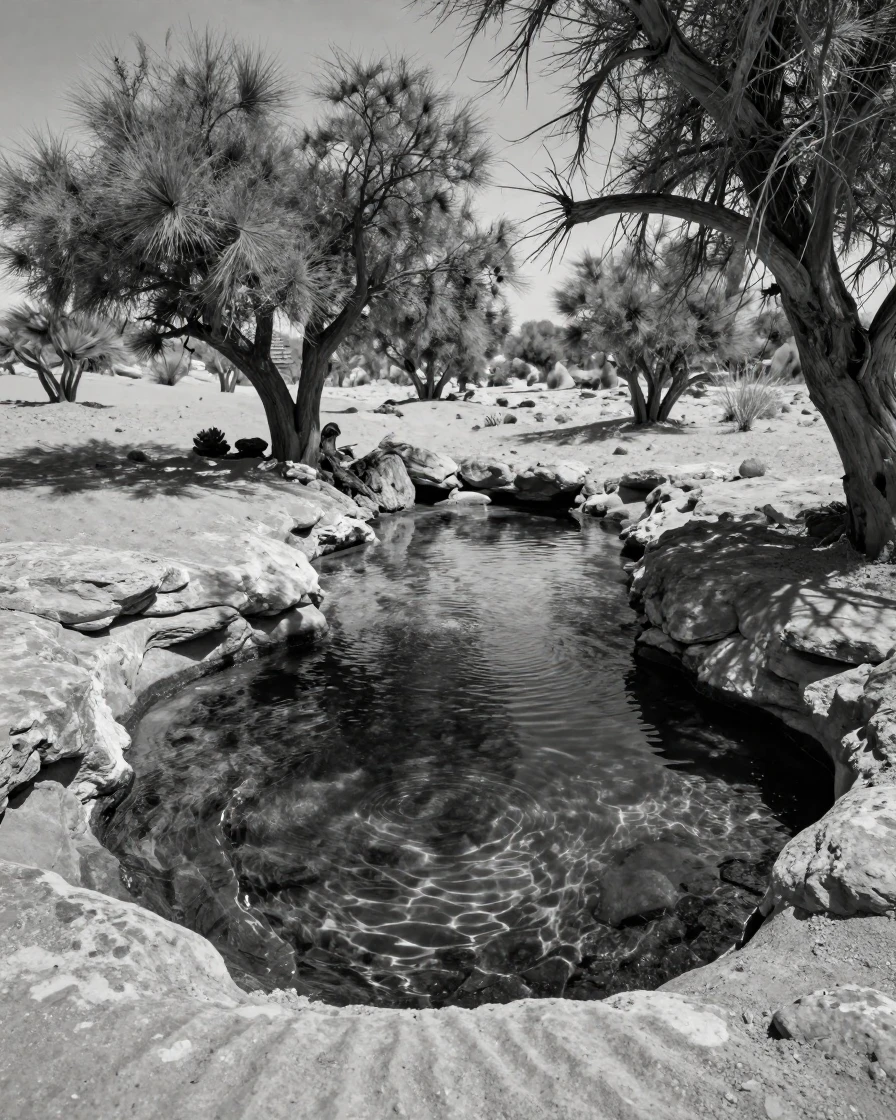 A desert oasis offers a rare patch of shade and water beside a hidden desert spring.