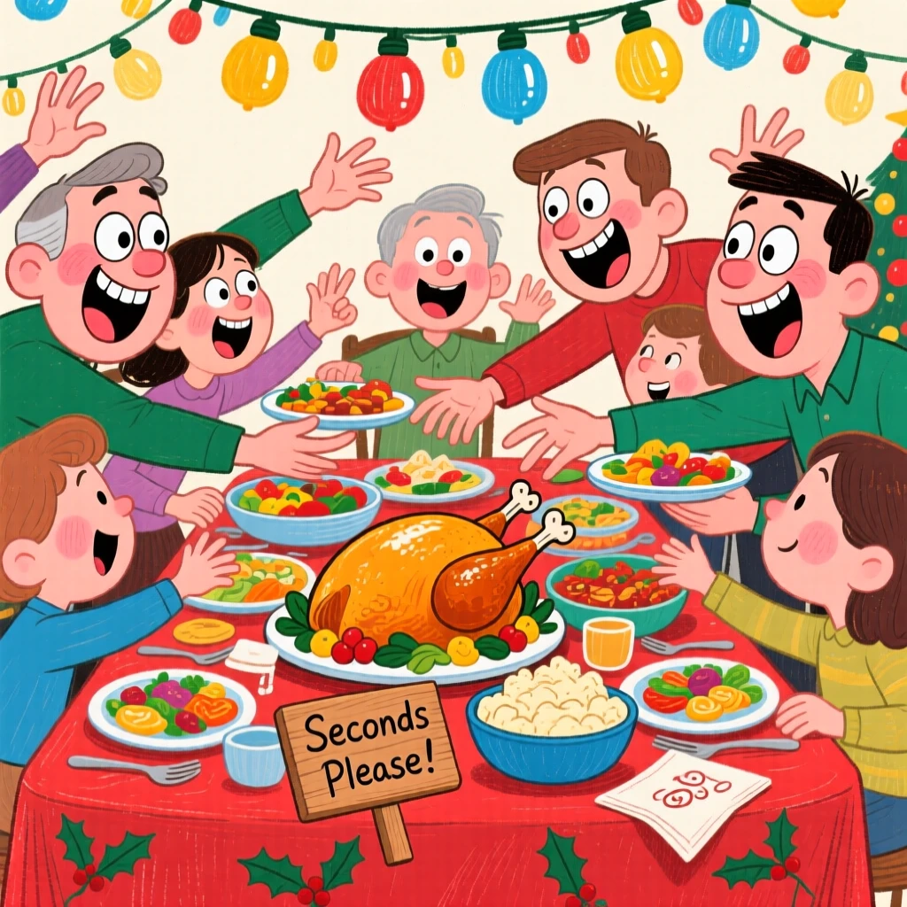 A family gathered around a table for a big holiday dinner, everyone reaching for seconds.
