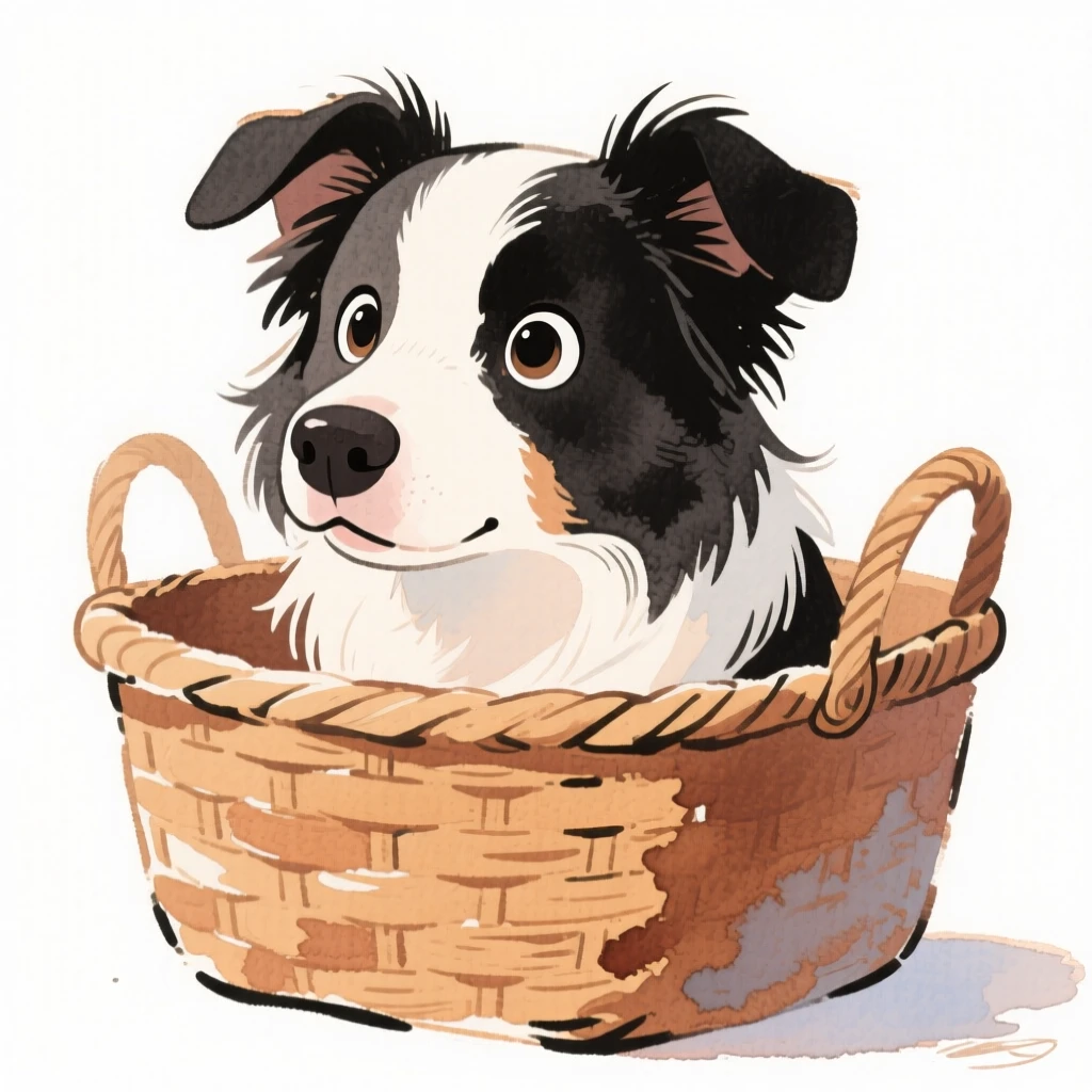 A border collie poking its nose out of a picnic basket