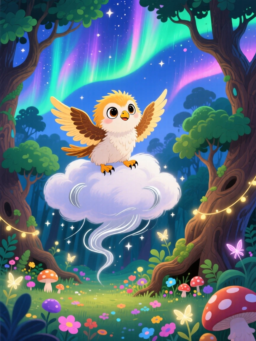 A griffin cub pauses from taming a gentle storm cloud to marvel at an enchanted forest, as the northern lights ripple overhead.