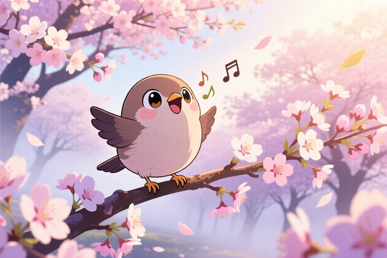 A bird perched on a blossoming branch singing at first light, framed as a low-angle shot looking up within a cherry blossom orchard, on a misty foggy morning, glowing under soft pastel light of dawn, evoking bubbly enthusiasm.