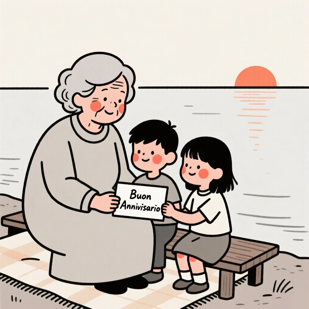A grandmother and grandchildren of Italian heritage celebrating an anniversary, beside a calm lake at sunrise.