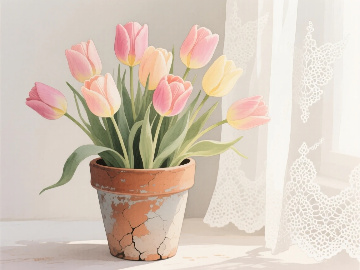 A bouquet of tulips in soft, layered tones fills a weathered clay pot beside a lace curtain, petals catching the gentle light