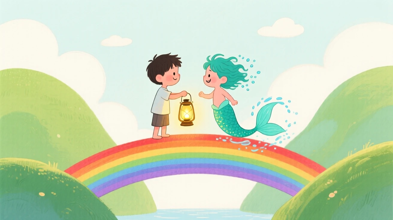 A boy carrying a lantern meeting a playful merboy in a rainbow bridge between two hills.