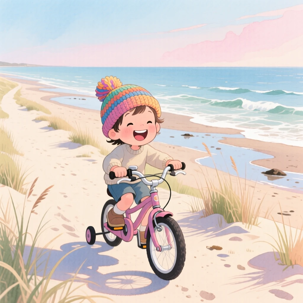 A small child in a knitted hat riding a bicycle with training wheels down a quiet lane, in a beach at low tide with gentle waves, full of innocent laughter and delight.