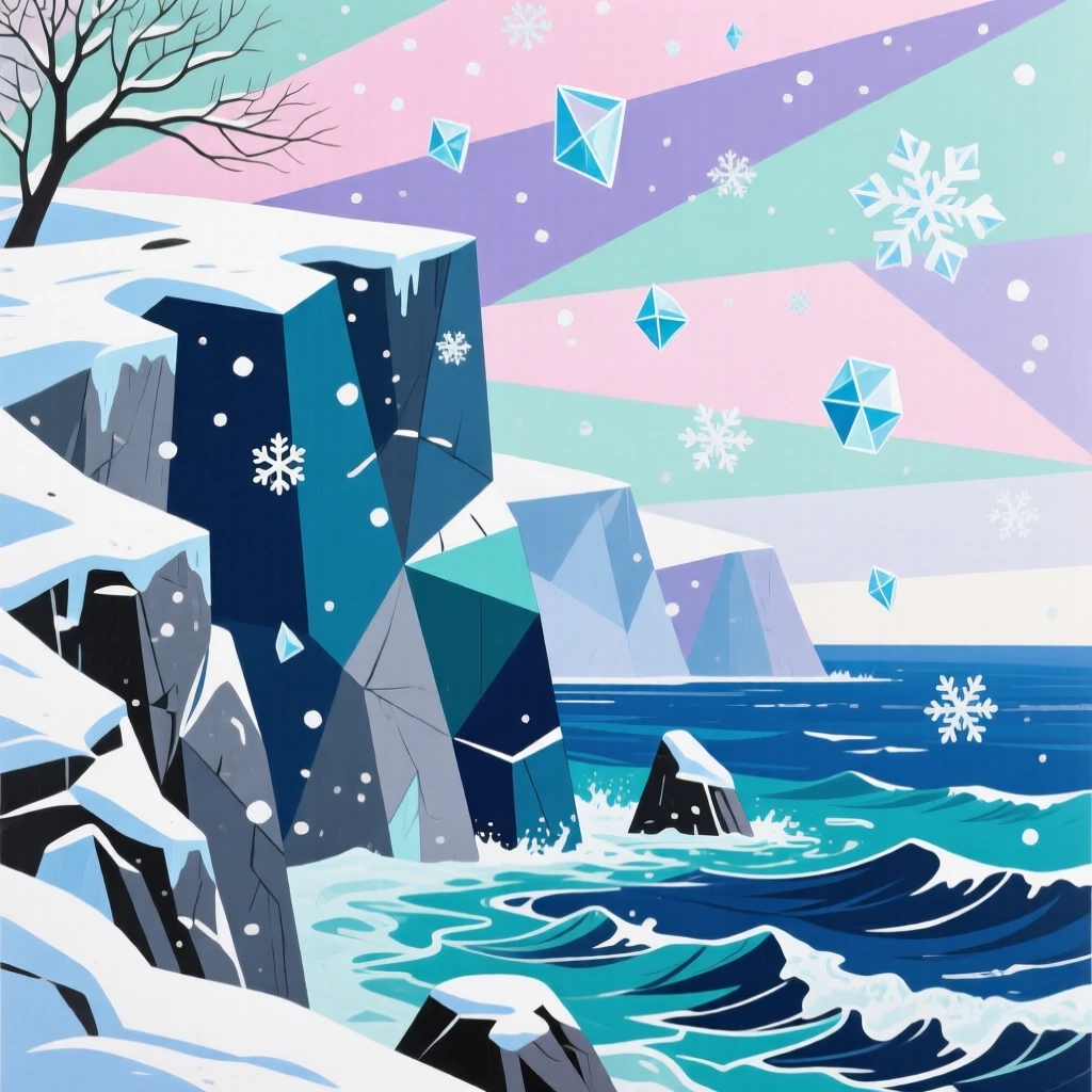 A sweeping wide view of a dramatic sea cliff beneath a canopy of drifting snow, in early spring.