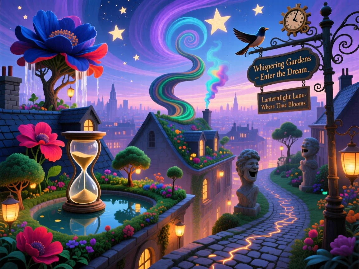 A city where every rooftop is a small, tended garden hums gently with the quiet rhythm of everyday life, as lantern light spills softly onto quiet cobblestone paths.