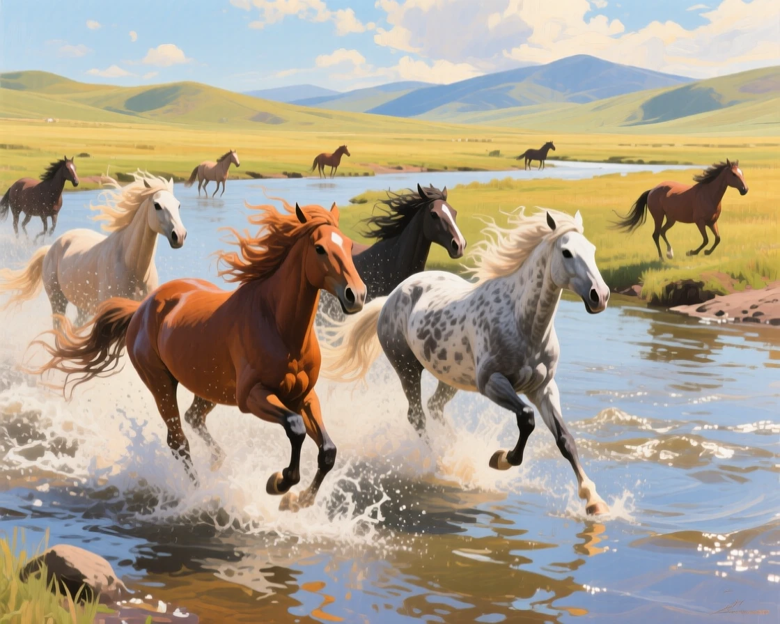 A spirited group of wild horses splashes through a shallow river crossing in Mongolia, manes and tails flying in dramatic motion, other members of its group visible nearby, reinforcing the social nature of the scene.