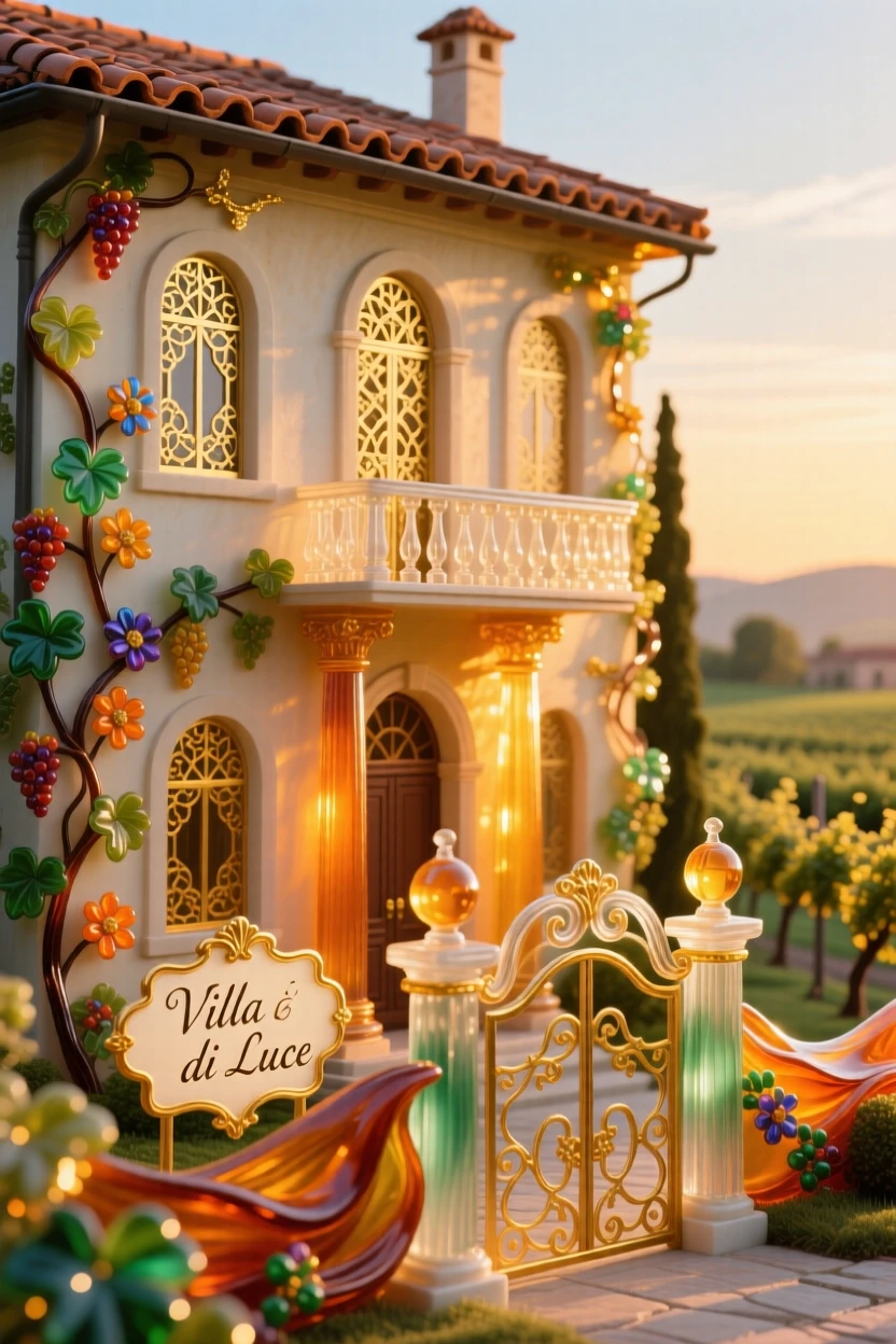 A grand vineyard estate glowing warmly at golden hour, idyllic and inviting.