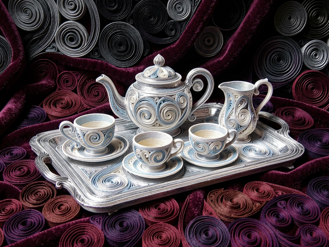 an elegant tea set arranged on a silver tray, in a plush velvet-lined boutique, framed with rich, deep shadows for contrast, in cool platinum and silver tones.