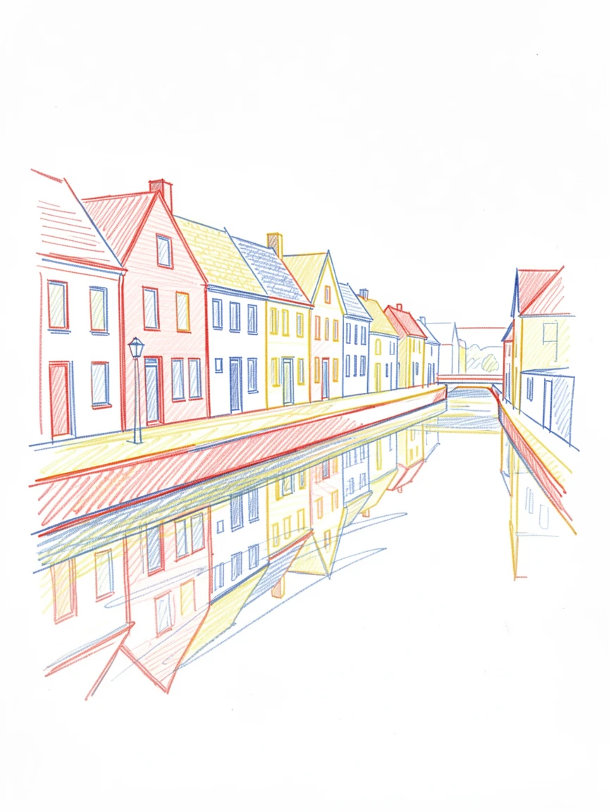 A quiet canal town with reflections of pastel houses in still water