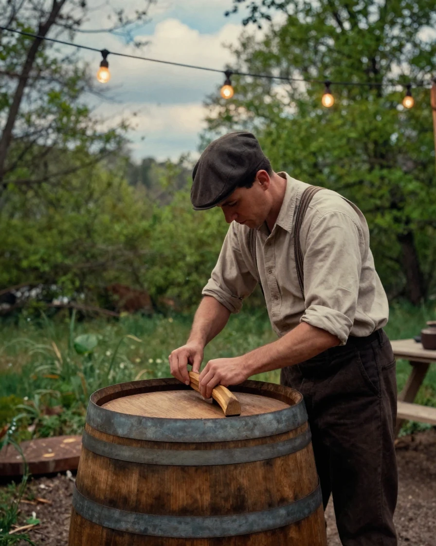 A cooper fitting wooden staves together to build a barrel, under strings of warm string lights, under scattered clouds, in early spring, with deep emerald greens and browns, from a three-quarter angle.