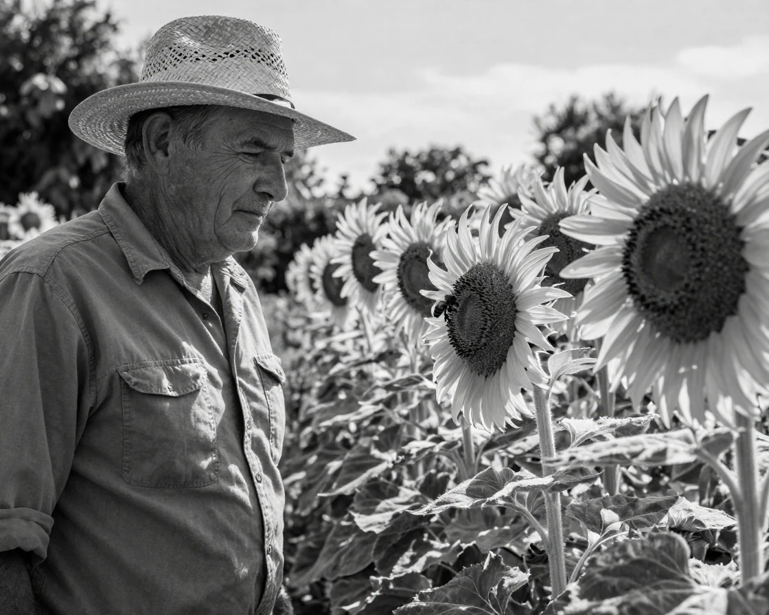 A gardener watches a bee land on a sunflower beside a row of blooming sunflowers.