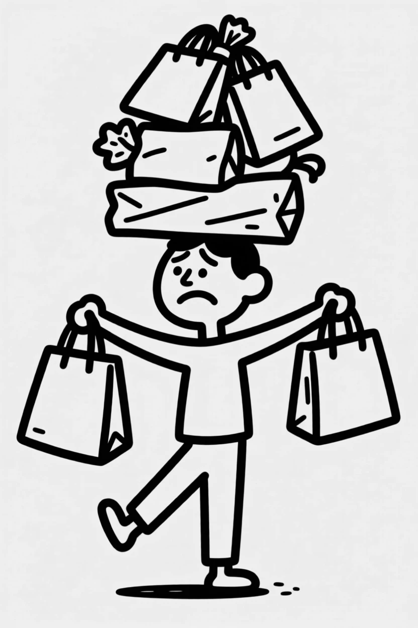 A person balancing an overloaded stack of grocery bags on both arms and a foot.