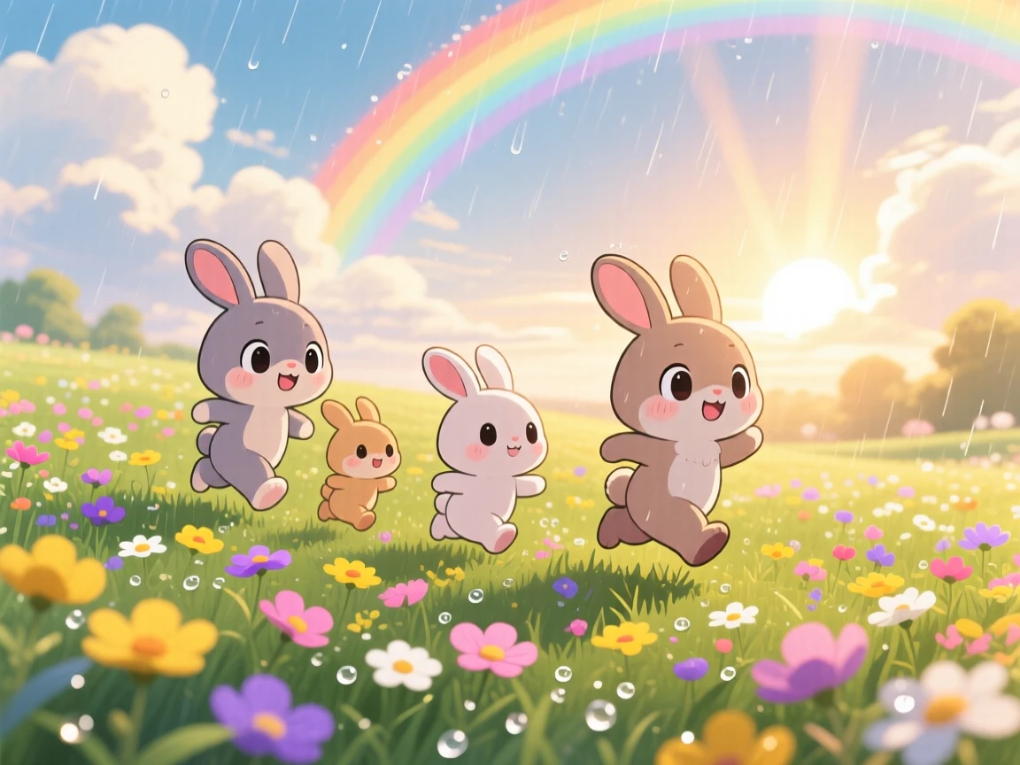 A family of rabbits hopping through a meadow of wildflowers in a sunlit spring meadow under a rainbow after the rain; rays of sunrise breaking through clouds washes over the scene as shy bashfulness fills the moment. Three-quarter view.