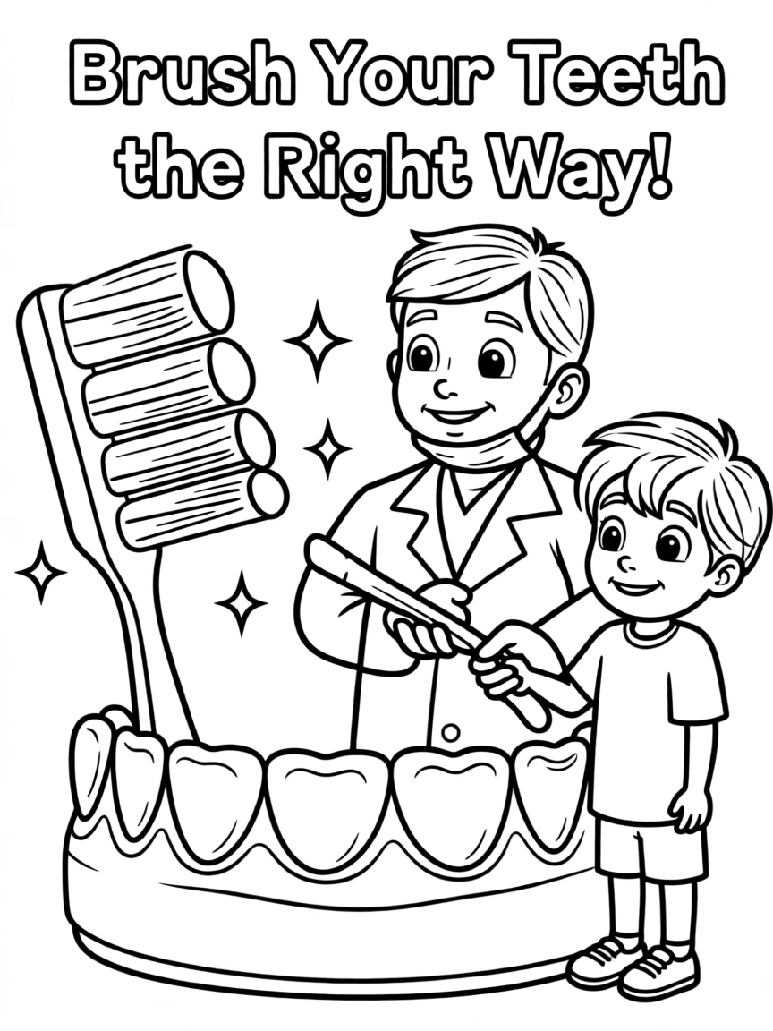 A dentist showing a child how to brush their teeth properly