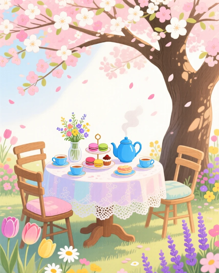 A tea party set up under a blossoming tree, framed by blooming flowers and soft afternoon light.