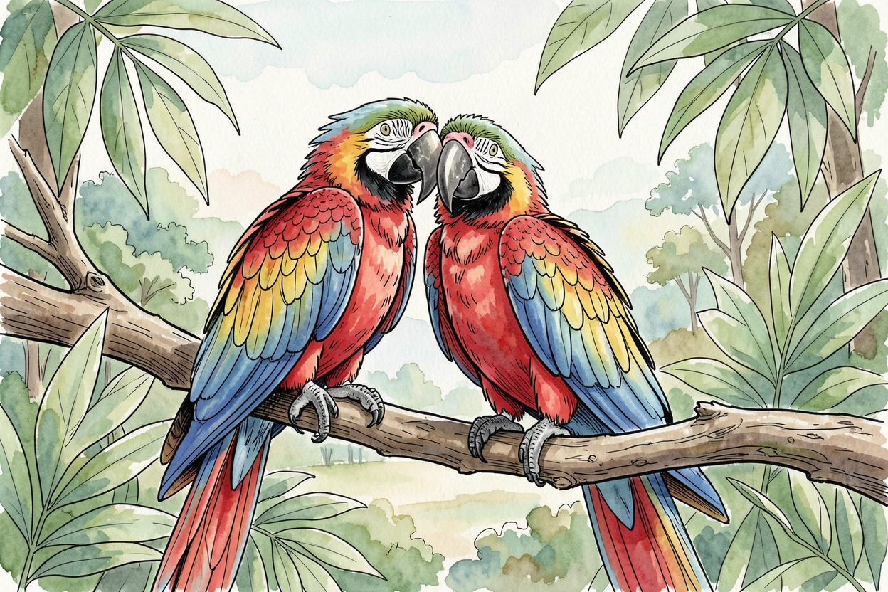 A pair of macaws perched on a jungle branch, feathers vivid against green leaves, the surrounding landscape stretching wide and open behind them.